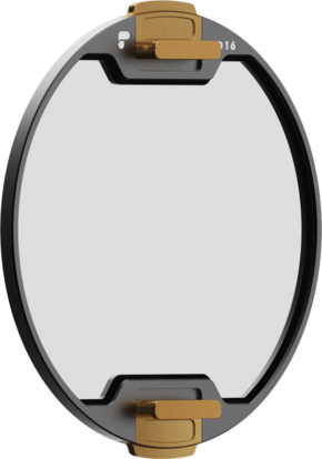 800q-01_129599 The PolarPro Recon Stage 2 ND16 grey filter is a round lens filter with a black frame, two gold knobs and a transparent centre. A small white "16" marking appears on the rim. Viewed diagonally on a white background.