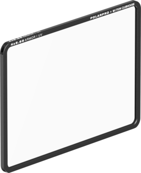 The PolarPro 4x5.65" ARMOR UV filter, featuring a slim black rectangular frame and white lettering, is shown against a light-coloured background.