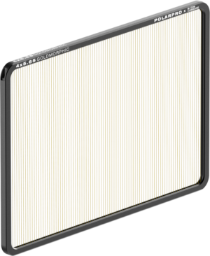 800q-01_129606 PolarPro 4x5.65" GoldMorphic Filter is a rectangular camera filter with a transparent surface with a black border and fine gold vertical lines against a white background.