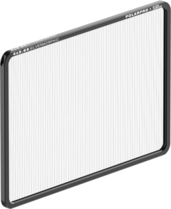 800q-01_129607 PolarPro 4x5,65" Silvermorphic Filter, jossa on ohuet pystysuorat viivat mustassa suorakulmaisessa kehyksessä, näkyy valkoista taustaa vasten.