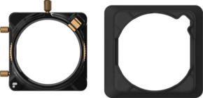 800q-01_129618 Two black filter holders from the PolarPro Summit Essential Landscape Kit, featuring gold knobs, are shown from above against a white background. The left-hand holder has three gold knobs; the right-hand holder has a simple design with a round opening in the centre.