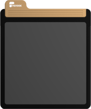 800q-01_129627 The PolarPro Summit ND100K 20 Stop filter is a square, dark grey camera filter with a black border and a gold tab that reads "ND100K" in the top left corner. Its sleek, modern design stands out in a professional environment.