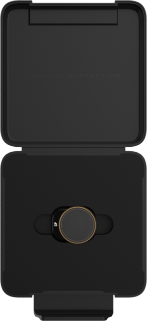 800q-01_129648 A black rectangular case that opens to reveal the PolarPro DJI Mini 4 Pro Circular Polarizer CPL - a small, circular filter with gold trim and black centre button - safely housed in a moulded interior.