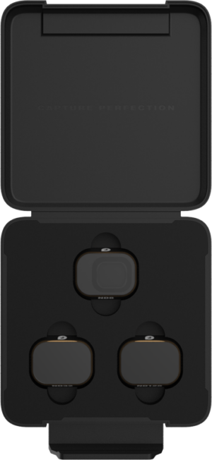 800q-01_129650 The open black case with minimalist interior features three PolarPro DJI Mini 4 Pro Shutter Collection lens filters, each in its own slot. "CAPTURE PERFECTION" is faintly visible on the inside of the lid.
