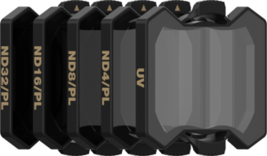 800q-01_129658 The six black PolarPro DJI Avata 2 Vivid Collection lens filters - ND32/PL, ND16/PL, ND8/PL, ND4/PL and UV - come with gold labels and rectangular ridges, side by side.