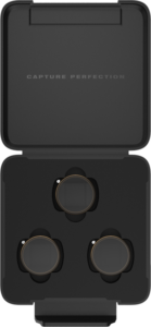 The PolarPro DJI Osmo Pocket 3 Vivid Collection features a black case with a CAPTURE PERFECTION label on the inside of the lid, which holds three gold-coloured, circular camera lens filters, each attached to its own slot.