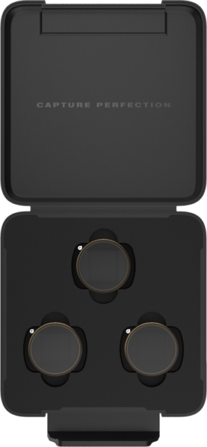 800q-01_129660 The PolarPro DJI Osmo Pocket 3 Vivid Collection features a black case with a CAPTURE PERFECTION label on the inside of the lid, which holds three gold-coloured, circular camera lens filters, each attached to its own slot.