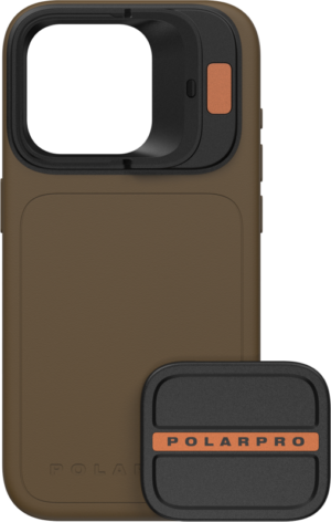 800q-01_129667 The brown PolarPro Litechaser iPhone 15 Pro Max Case - Desert features a large square camera aperture, an orange accented button and comes with a matching removable accessory with PolarPro branding.
