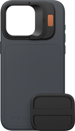 PolarPro Litechaser iPhone 15 Pro Case - Ocean is a dark grey case with a raised square camera guard, an orange button near the camera and a matching rectangular accessory on the front.