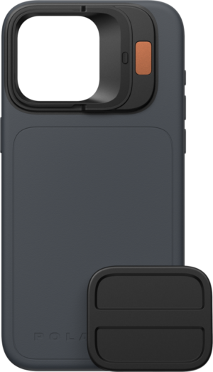 800q-01_129672 PolarPro Litechaser iPhone 15 Pro Case - Ocean is a dark grey case with a raised square camera guard, an orange button near the camera and a matching rectangular accessory on the front.