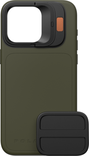 PolarPro Litechaser iPhone 15 Pro Case - Forest on oliivinvihreä kotelo, jossa on suuri neliönmuotoinen kamerasuoja ja oranssi painike; edessä on erillinen musta suorakulmainen lisävaruste.