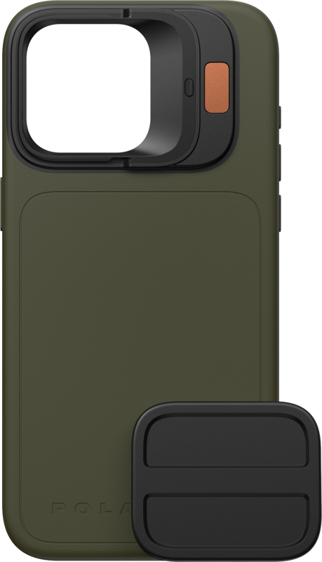 800q-01_129673 PolarPro Litechaser iPhone 15 Pro Case - Forest on oliivinvihreä kotelo, jossa on suuri neliönmuotoinen kamerasuoja ja oranssi painike; edessä on erillinen musta suorakulmainen lisävaruste.