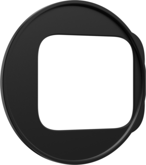 800q-01_129676 The 67mm adapter for the PolarPro Litechaser iPhone 15 filter is a black, round accessory with a large, rounded square-shaped center cutout and a small side flap against a white background.