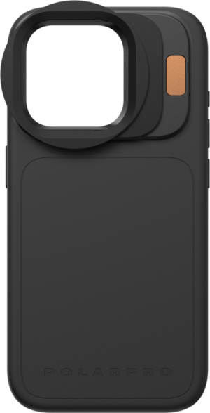 The PolarPro Litechaser iPhone 15 LCP13/14 filter adapter is a black case with a large square camera aperture, a small gold button in the top right corner, a minimalist design and a "PolarPro" embossed logo at the bottom.