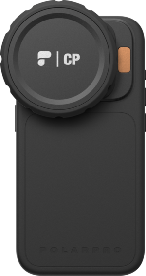 800q-01_129679 PolarPro Litechaser iPhone 15 CP filter case in black with a circular CP camera lens mount on the back and a copper-coloured button near the camera.