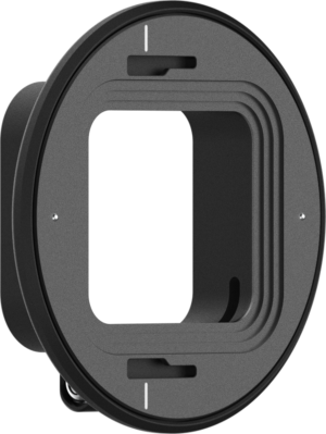 800q-01_129682 The PolarPro Moment Anamorphic Lens Adapter is a round, black, flat adapter with a rectangular cut-out in the centre, vertical grooves on the inner edge, two white alignment marks and small screws on each side of the frame.