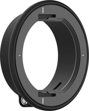 800q-01_129683 The PolarPro Moment telephoto lens adapter is a black round metal adapter with a hollow centre, grooved edges, two alignment markings at the top and a small wheel at the bottom for precise adjustment.