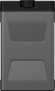 800q-01_129712 The grey, rectangular PolarPro memory card case Slate CFEA Edition II Mountain has a textured surface, a black top cap and the word SLATE embossed on the front.