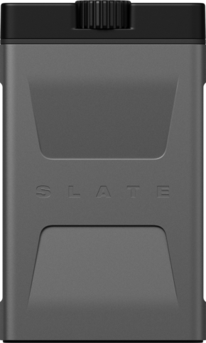 The grey, rectangular PolarPro memory card case Slate CFEA Edition II Mountain has a textured surface, a black top cap and the word SLATE embossed on the front.
