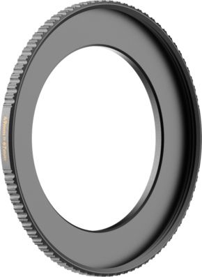 800q-01_129718 The PolarPro Step-Up Ring 49mm-67mm with knurled edges allows you to mount 67mm filters on lenses with a 49mm thread. Shown on a plain white background.