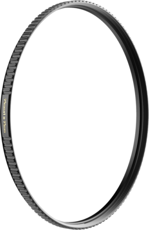 800q-01_129733 The PolarPro Coarse Thread Adapter 95mm has a slim, round design with a black metal body and a bright centre that appears on a light background.