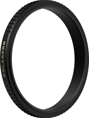 800q-01_129734 The black PolarPro Fuji X100 filter adapter 49mm (adapter ring) with brushed edge and gold branding is visible against a white background.