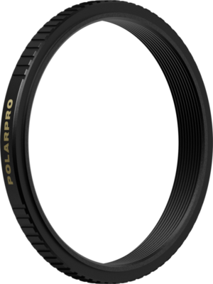 800q-01_129734 The black PolarPro Fuji X100 filter adapter 49mm (adapter ring) with brushed edge and gold branding is visible against a white background.