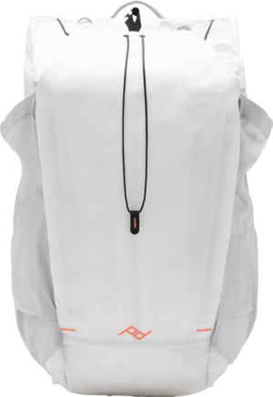800q-01_129779 The Peak Design Outdoor Backpack 45L - Cloud is a white, minimalist backpack with light grey side pockets and black and orange accents that stand out against a monochrome background.