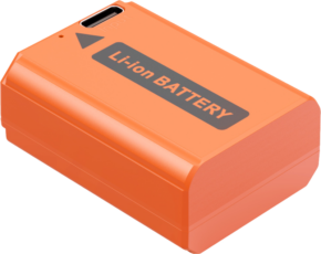 The SmallRig 4965 USB-C Rechargeable Camera Battery NP-FW50 is an orange rectangular lithium-ion battery with a black "Li-ion BATTERY" label and a charging port at one end.