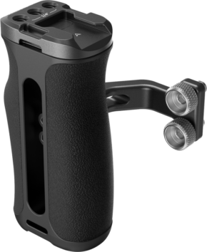 800q-01_129804 The SmallRig 4756 Mini Side Handle with 1/4"-20 Screws is a black, textured ergonomic camera handle with two silver knobs on a metal bracket designed to be attached to camera or video equipment.