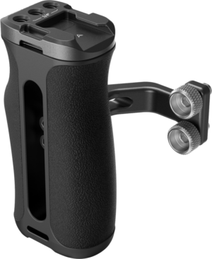 800q-01_129804 SmallRig 4756 Mini Side Handle with 1/4"-20 Screws on musta, kuvioitu ergonominen kamerakahva, jossa on kaksi hopeista säätönuppia metallikannattimella, joka on suunniteltu kiinnitettäväksi kameralaitteisiin tai videolaitteisiin.