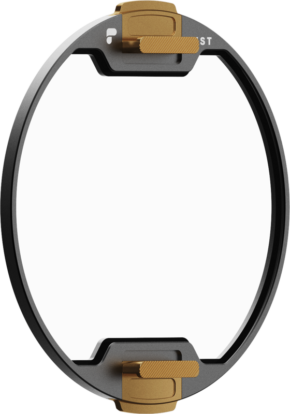 800q-02_129595 The PolarPro Recon Stage 2 Mist 1/4 The filter features a round black-and-gold filter holder with two gold adjustment knobs, designed to securely attach filters to the camera lens whilst keeping the centre clear for photography.