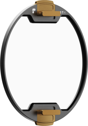 800q-02_129596 The PolarPro Recon Stage 2 Mist 1/2 filter is a round, black-and-gold lens filter holder with two gold adjustment knobs, pictured against a white background.