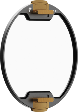 The PolarPro Recon Stage 2 Mist 1/2 filter is a round, black-and-gold lens filter holder with two gold adjustment knobs, pictured against a white background.