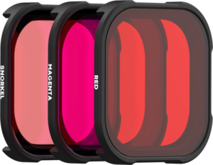 800q-02_129664 The PolarPro GoPro HERO9/10/11/12/13 Divemaster Kit includes three rectangular lens filters - Snorkel, Magenta and Red - each with matching tint and rounded edges next to each other.