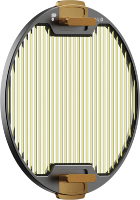 800q-03_129601 The PolarPro Recon Stage 2 GoldMorphic filter is a circular camera filter featuring vertical yellow stripes, a silver rim marked "LD", and two gold-coloured metal adjustment knobs at the top and bottom.