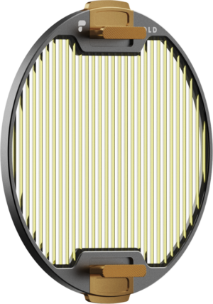 800q-03_129601 The PolarPro Recon Stage 2 GoldMorphic filter is a circular camera filter featuring vertical yellow stripes, a silver rim marked "LD", and two gold-coloured metal adjustment knobs at the top and bottom.