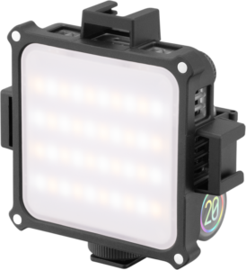 800q-05_126199 Zhiyun Led Fiveray M20 Pocket Light on neliönmuotoinen, kannettava LED-paneeli, jossa on himmeä etukansi, musta kehys ja sivusäätöpyörät, ihanteellinen valokuvaukseen tai videovalaistukseen.