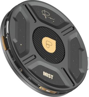 800q-05_129543 A round, black and gold PolarPro Helix Mist 1/4 filter, featuring a stylised logo and signature with metallic patterns and intricate engravings.