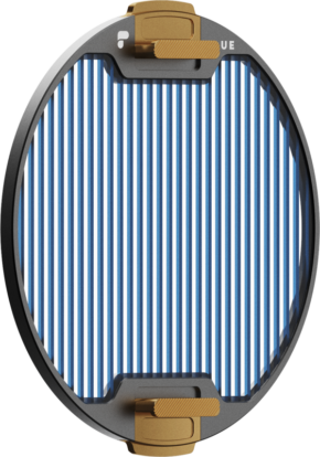 800q-05_129600 The PolarPro Recon Stage 2 BlueMorphic filter is a circular accessory featuring a black rim, gold clips at the top and bottom, and a central panel with vertical blue and white stripes.