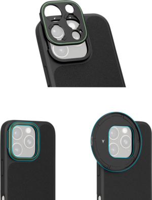 800q-05_129917 The three images show the SmallRig 5002 x Brandon Li Mobile Lightweight Video Kit for iPhone 16 Pro, which features a black phone case with interchangeable square, rectangular and round lens covers that attach to the camera.