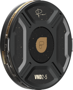 800q-17_129545 The PolarPro Helix 2-5 Stop PMVND filter is a circular black camera lens filter with gold accents, metallic construction, engraved signature, gold logo in the middle and VND2-5 on the front.