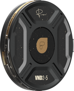 800q-17_129545 The PolarPro Helix 2-5 Stop PMVND filter is a circular black camera lens filter with gold accents, metallic construction, engraved signature, gold logo in the middle and VND2-5 on the front.