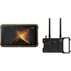 ATOMOS Ninja Ultra ja ATOMOS Connect Bundle, joissa on musta ja kultainen kosketusnäyttö, jossa näkyy tulivuorenpurkaus, ja musta langaton kaksoisantennilähetin, näkyvät vaaleanharmaalla pohjalla.