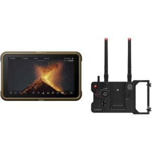 The ATOMOS Ninja Ultra and ATOMOS Connect Bundle, featuring a black and gold touchscreen with a volcanic eruption and a black dual antenna wireless transmitter, appear on a light grey background.