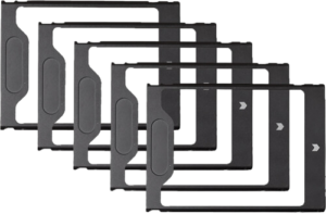 ATOMOS7 Five ATOMOS Master Caddy III (5-pack) black plastic rectangular storage containers are shown in a staggered row, each with an arrow and textured handle on the left side against a white background.