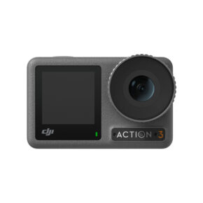 Action3Adv6 Front view of the DJI Osmo Action 3 Adventure Combo action camera, showing the large lens on the right, the small screen on the left and the Action 3 branding below the lens.
