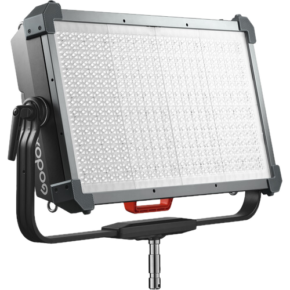 Godox3 The Godox KNOWLED P1200R Hard RGB Panel Luminaire is a large rectangular LED panel with a grid of small lamps, mounted on a U-shaped bracket with control knobs and stand mounting.