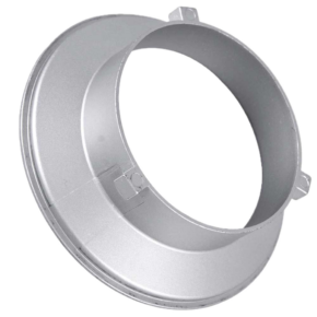Godox Softbox Adapter Bowens 114cm on metallinen, pyöreä rengas, jossa on leveä litteä reuna, avoin keskikohta ja pienet kiinnityskielekkeet reunalla. Se näkyy tavallisella, vaalealla taustalla.