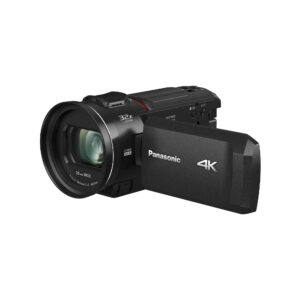 Pansu4K1 The black Panasonic HC-VX3 4K video camera with flip-out screen and 32x zoom is shot at an angle against a white background.